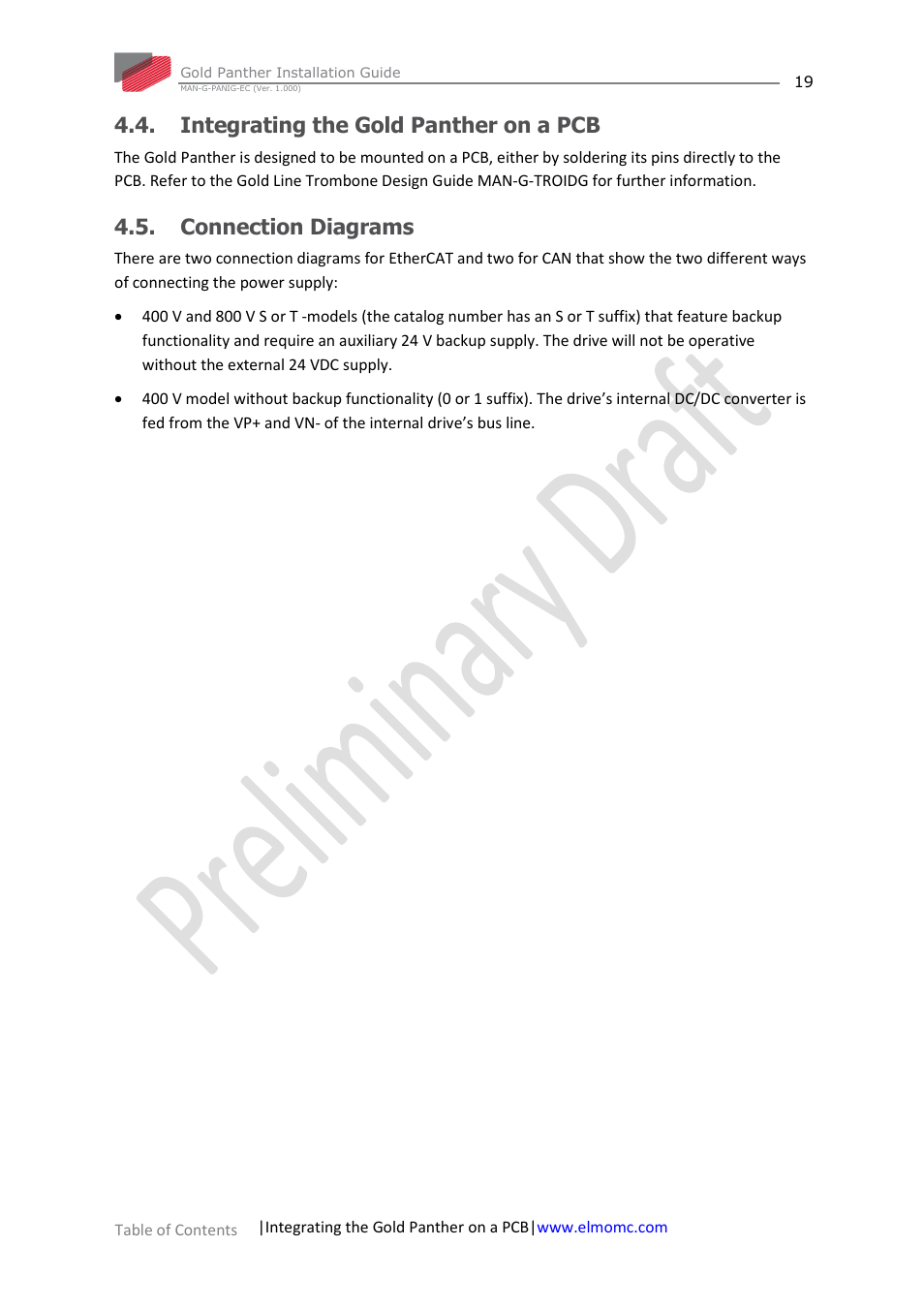 Integrating the gold panther on a pcb, Connection diagrams | ElmoMC ExtrIQ Gold Line Servo Drives-Gold Panther User Manual | Page 19 / 64