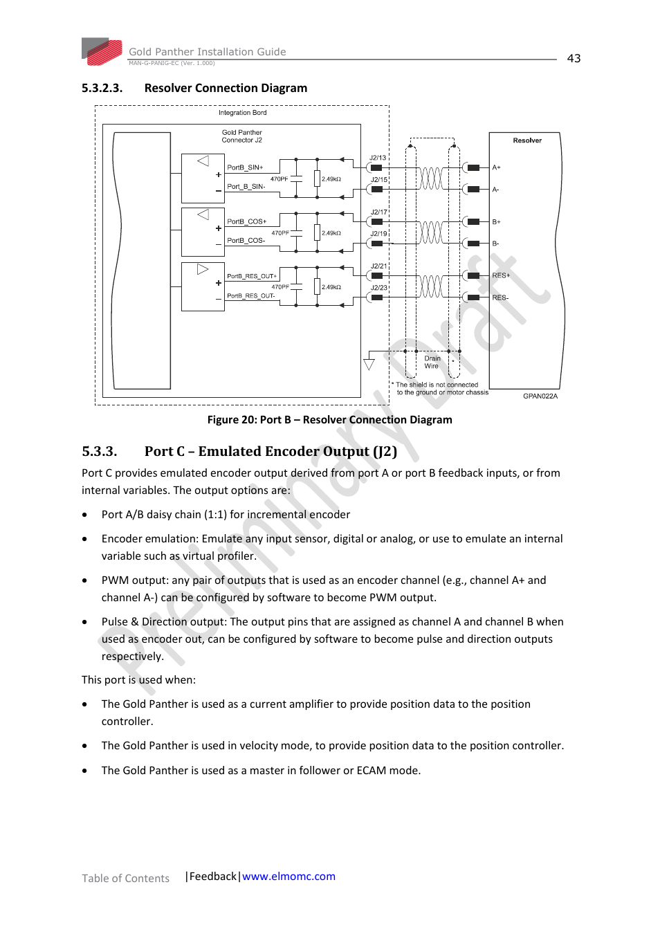 Resolver connection diagram, Port c – emulated encoder output (j2) | ElmoMC ExtrIQ Gold Line Servo Drives-Gold Panther User Manual | Page 43 / 64