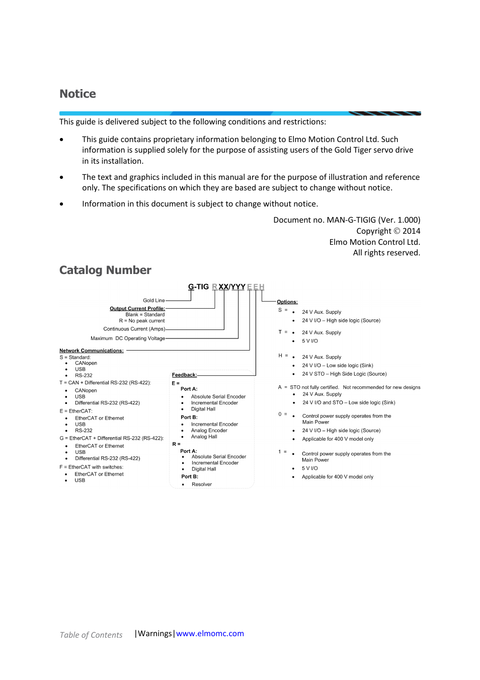Notice, Catalog number | ElmoMC ExtrIQ Gold Line Servo Drives-Gold Tiger User Manual | Page 2 / 64