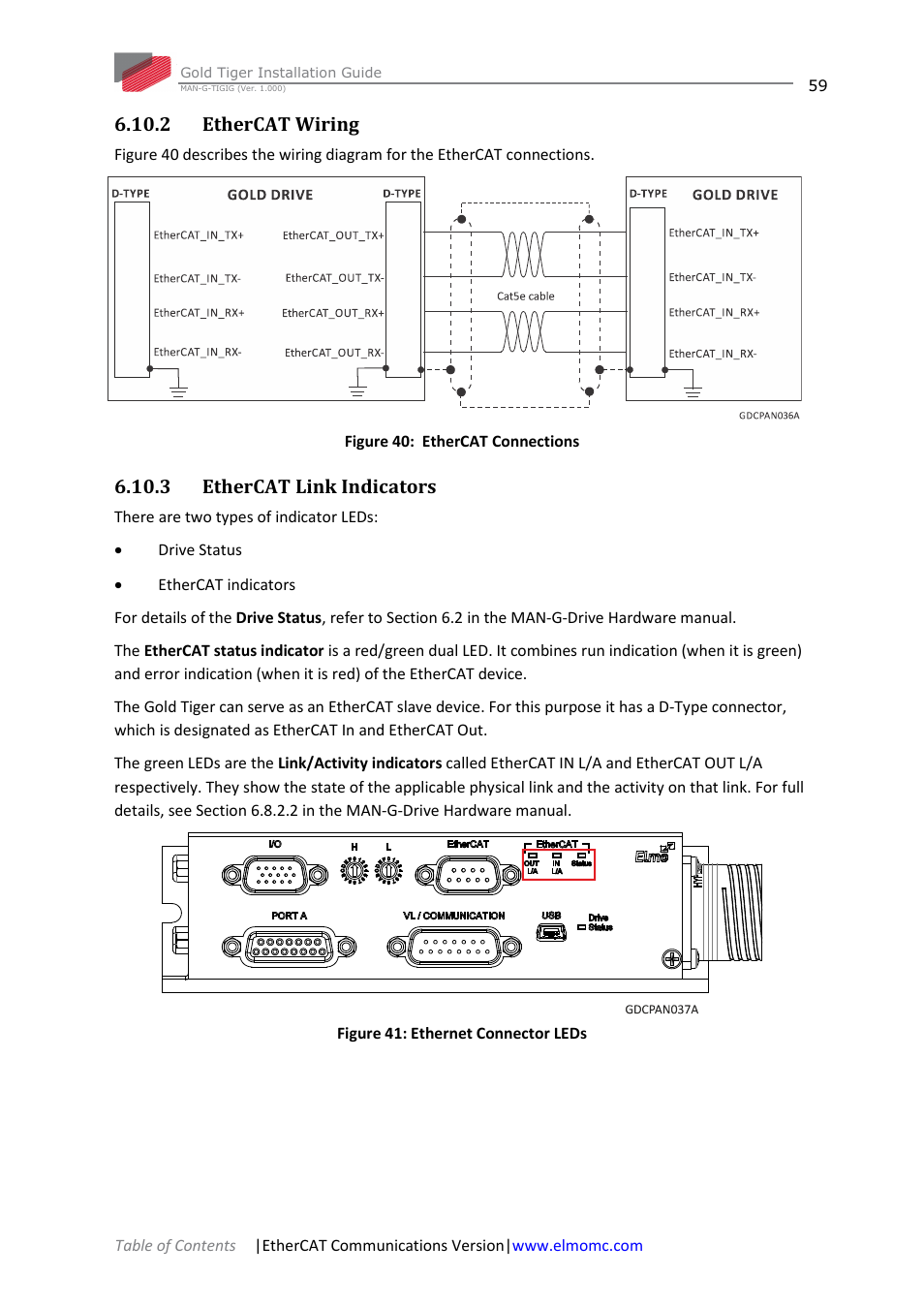 2 ethercat wiring, 3 ethercat link indicators, 2 ethercat wiring 6.10.3 ethercat link indicators | ElmoMC ExtrIQ Gold Line Servo Drives-Gold Tiger User Manual | Page 59 / 64