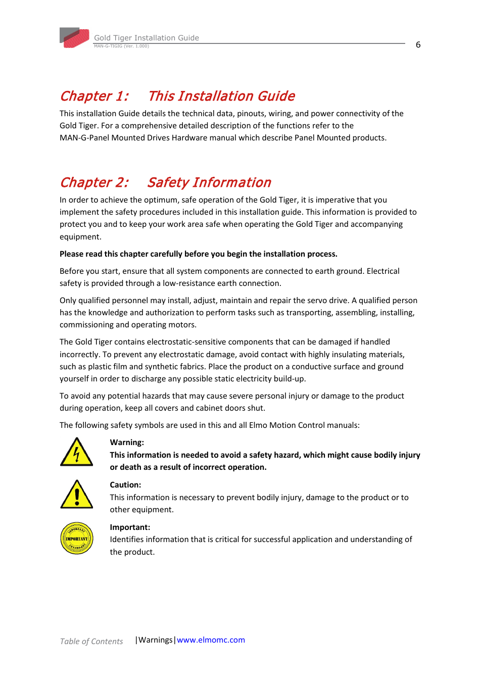 Chapter 1: this installation guide, Chapter 2: safety information, Chapter 1 | This installation guide, Chapter 2, Safety information | ElmoMC ExtrIQ Gold Line Servo Drives-Gold Tiger User Manual | Page 6 / 64