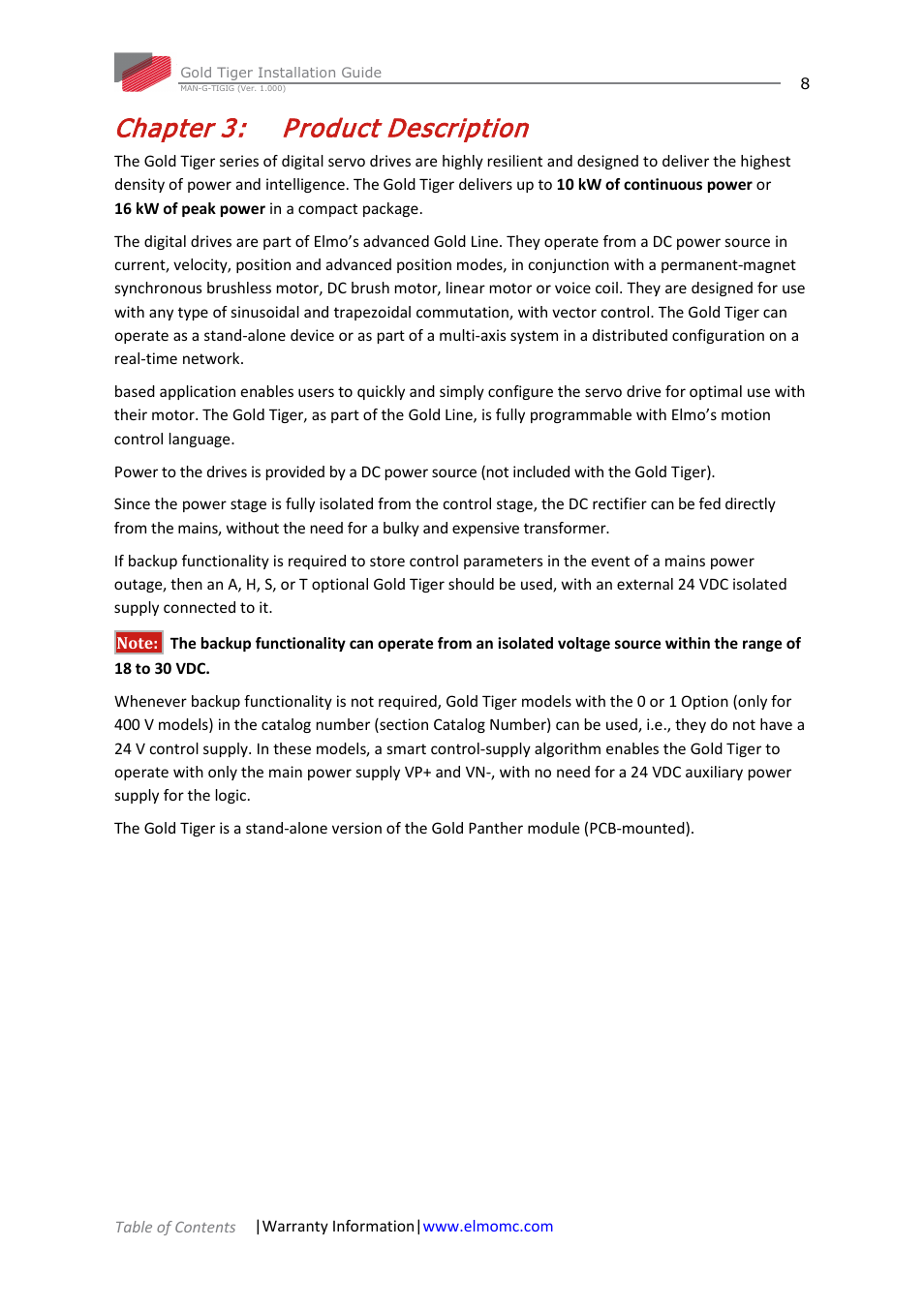 Chapter 3: product description, Chapter 3, Product description | ElmoMC ExtrIQ Gold Line Servo Drives-Gold Tiger User Manual | Page 8 / 64