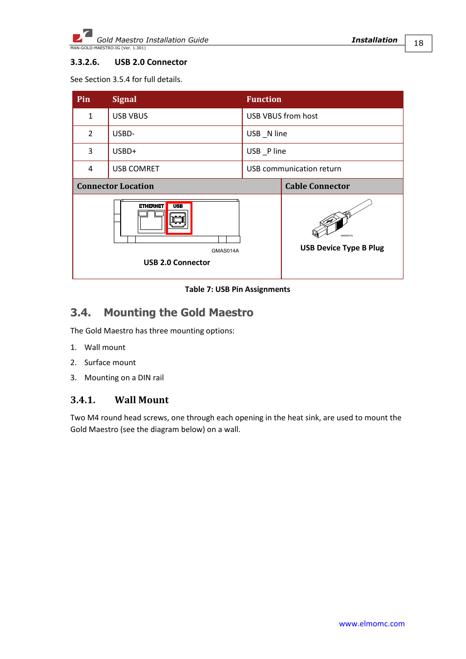 Usb 2.0 connector, Mounting the gold maestro, Wall mount | ElmoMC Multi-Axis Motion Controller-Gold Maestro User Manual | Page 18 / 32