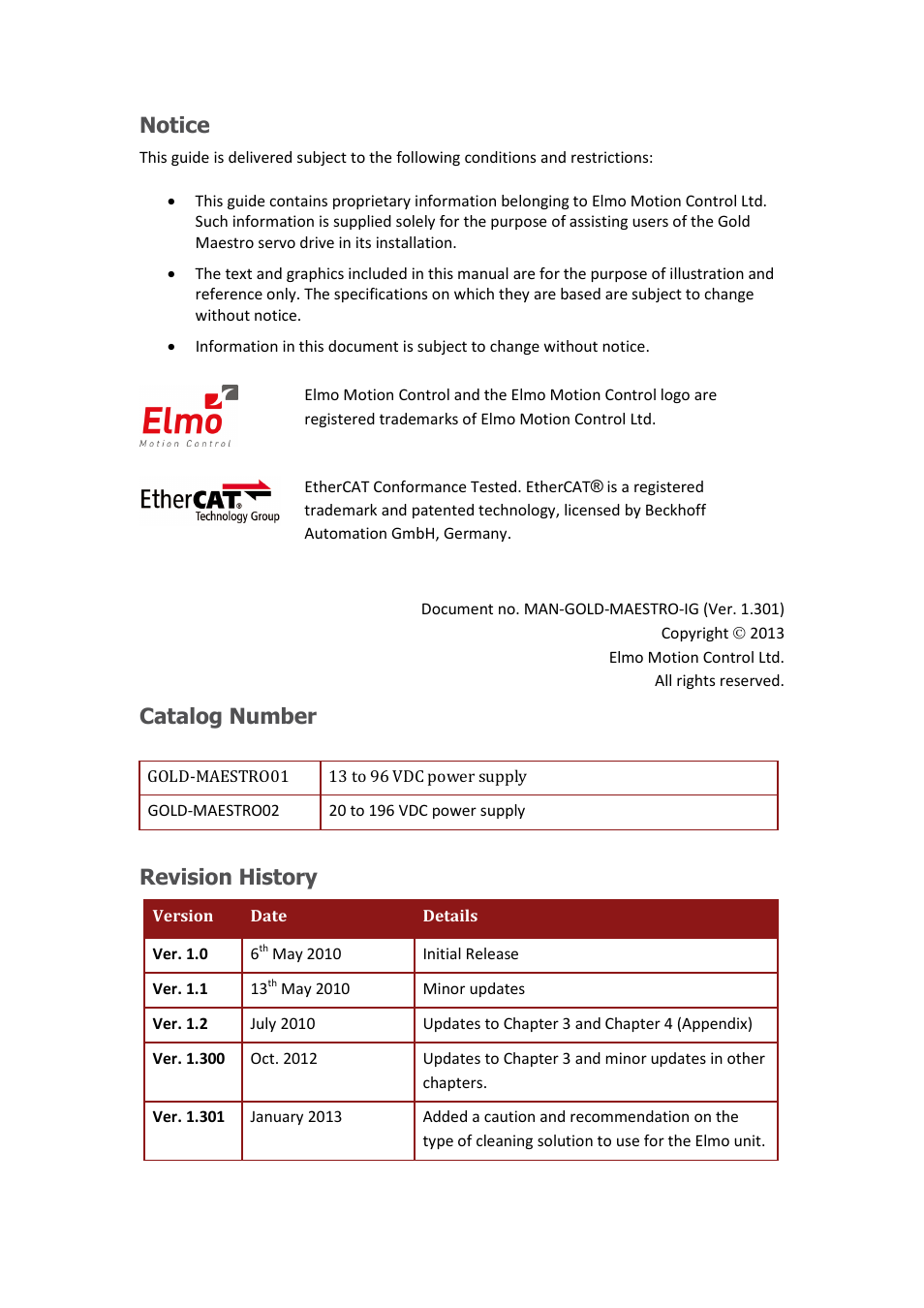 Notice, Catalog number, Revision history | ElmoMC Multi-Axis Motion Controller-Gold Maestro User Manual | Page 2 / 32