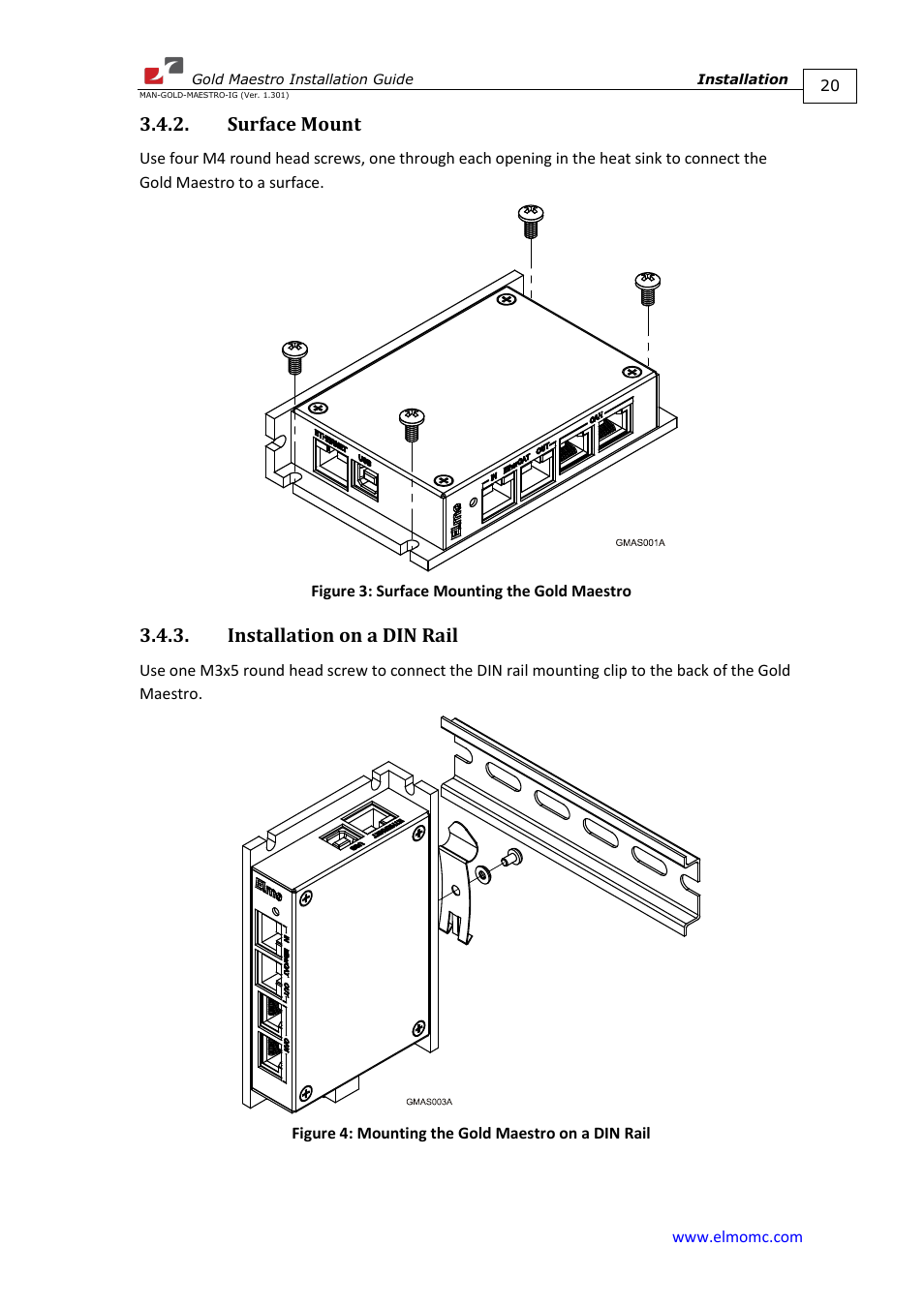 Surface mount, Installation on a din rail, Surface mount 3.4.3. installation on a din rail | ElmoMC Multi-Axis Motion Controller-Gold Maestro User Manual | Page 20 / 32
