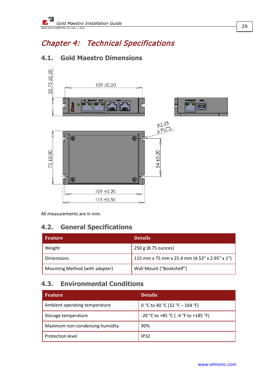 Chapter 4: technical specifications, Gold maestro dimensions, General specifications | Environmental conditions, Chapter 4, Technical specifications | ElmoMC Multi-Axis Motion Controller-Gold Maestro User Manual | Page 29 / 32