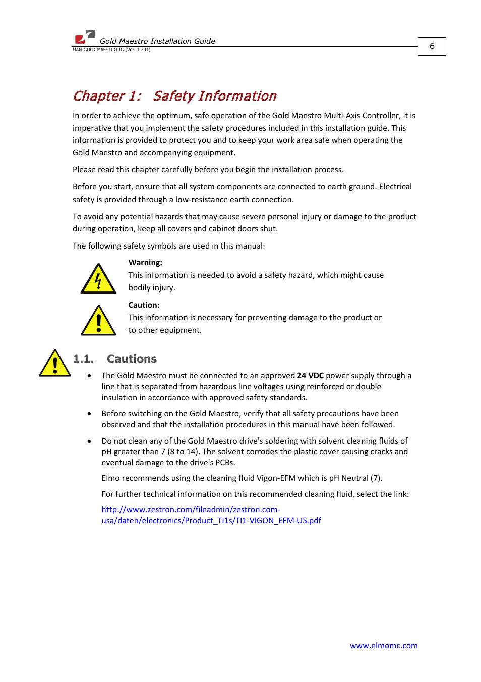 Chapter 1: safety information, Cautions, Chapter 1 | Safety information | ElmoMC Multi-Axis Motion Controller-Gold Maestro User Manual | Page 6 / 32