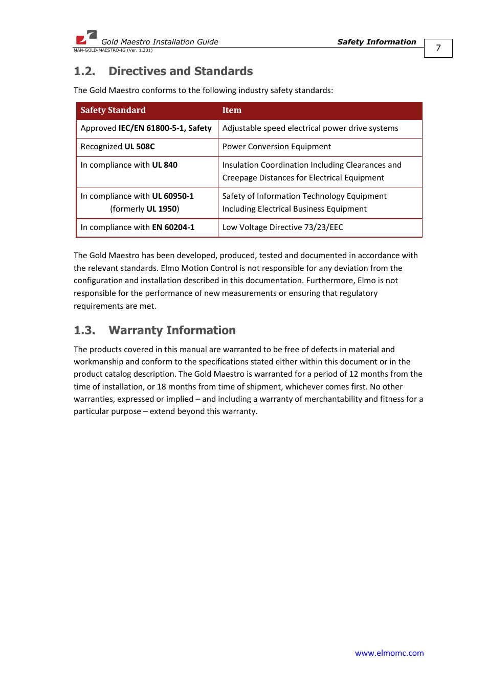 Directives and standards, Warranty information, Directives and standards 1.3. warranty information | ElmoMC Multi-Axis Motion Controller-Gold Maestro User Manual | Page 7 / 32