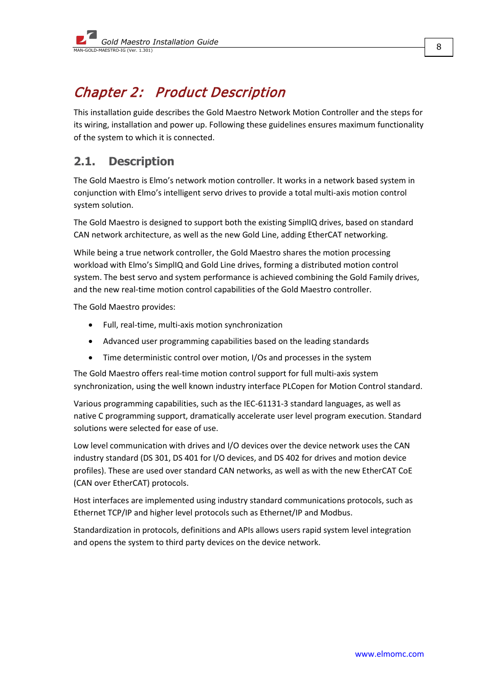 Chapter 2: product description, Description, Chapter 2 | Product description | ElmoMC Multi-Axis Motion Controller-Gold Maestro User Manual | Page 8 / 32