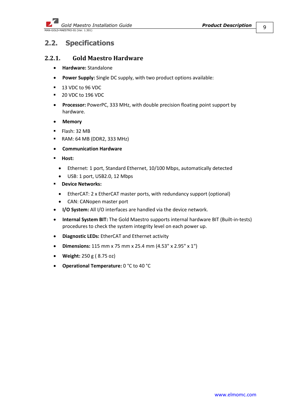 Specifications, Gold maestro hardware | ElmoMC Multi-Axis Motion Controller-Gold Maestro User Manual | Page 9 / 32
