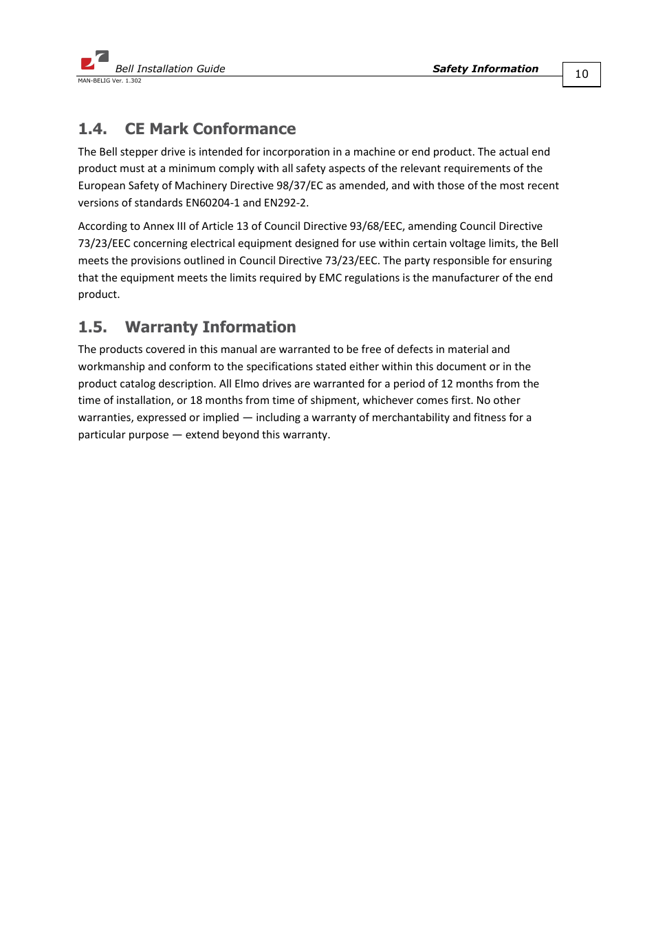 Ce mark conformance, Warranty information, Ce mark conformance 1.5. warranty information | ElmoMC SimplIQ Digital Servo Drives-Bell Installation Guide User Manual | Page 10 / 57