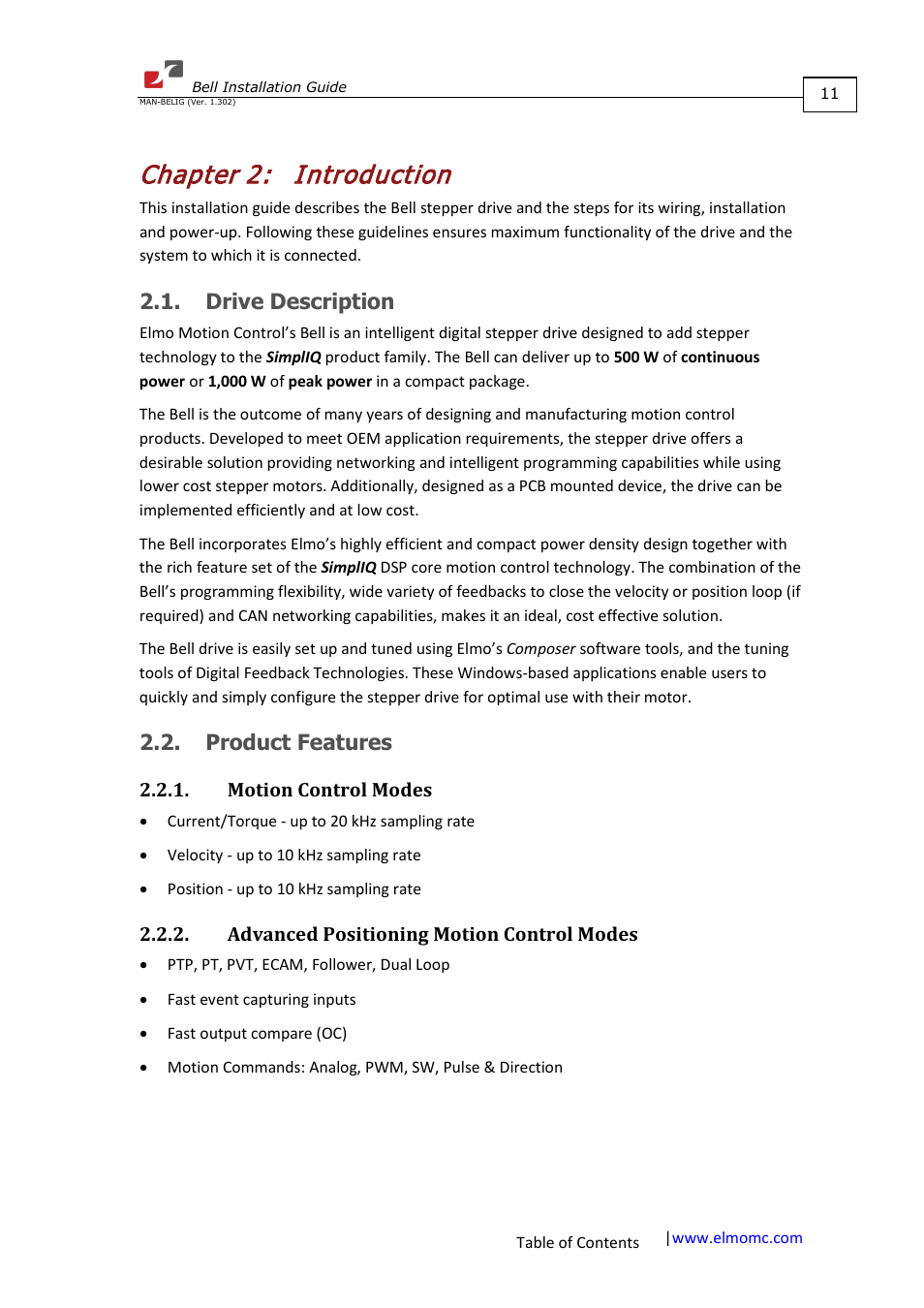 Chapter 2: introduction, Drive description, Product features | Motion control modes, Advanced positioning motion control modes, Chapter 2, Introduction, Drive description 2.2. product features | ElmoMC SimplIQ Digital Servo Drives-Bell Installation Guide User Manual | Page 11 / 57