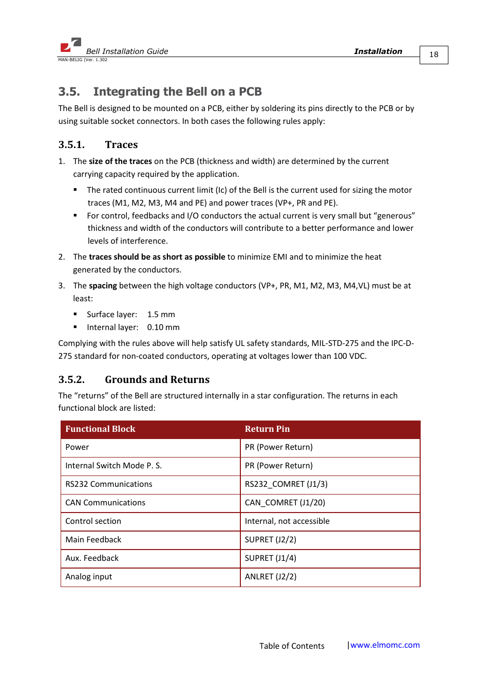 Integrating the bell on a pcb, Traces, Grounds and returns | Traces 3.5.2. grounds and returns | ElmoMC SimplIQ Digital Servo Drives-Bell Installation Guide User Manual | Page 18 / 57