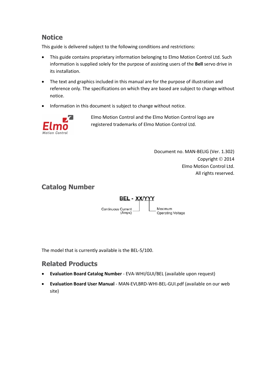 Notice, Catalog number, Related products | ElmoMC SimplIQ Digital Servo Drives-Bell Installation Guide User Manual | Page 2 / 57
