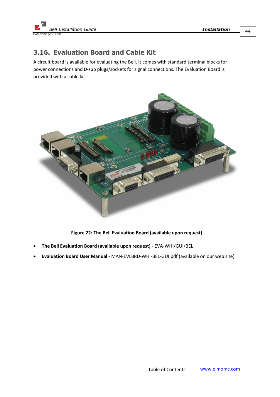 Evaluation board and cable kit | ElmoMC SimplIQ Digital Servo Drives-Bell Installation Guide User Manual | Page 44 / 57