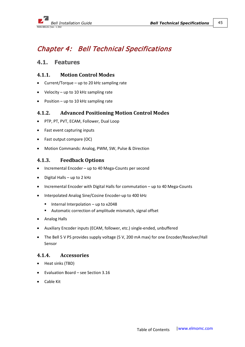 Chapter 4: bell technical specifications, Features, Motion control modes | Advanced positioning motion control modes, Feedback options, Accessories, Chapter 4, Bell technical specifications | ElmoMC SimplIQ Digital Servo Drives-Bell Installation Guide User Manual | Page 45 / 57