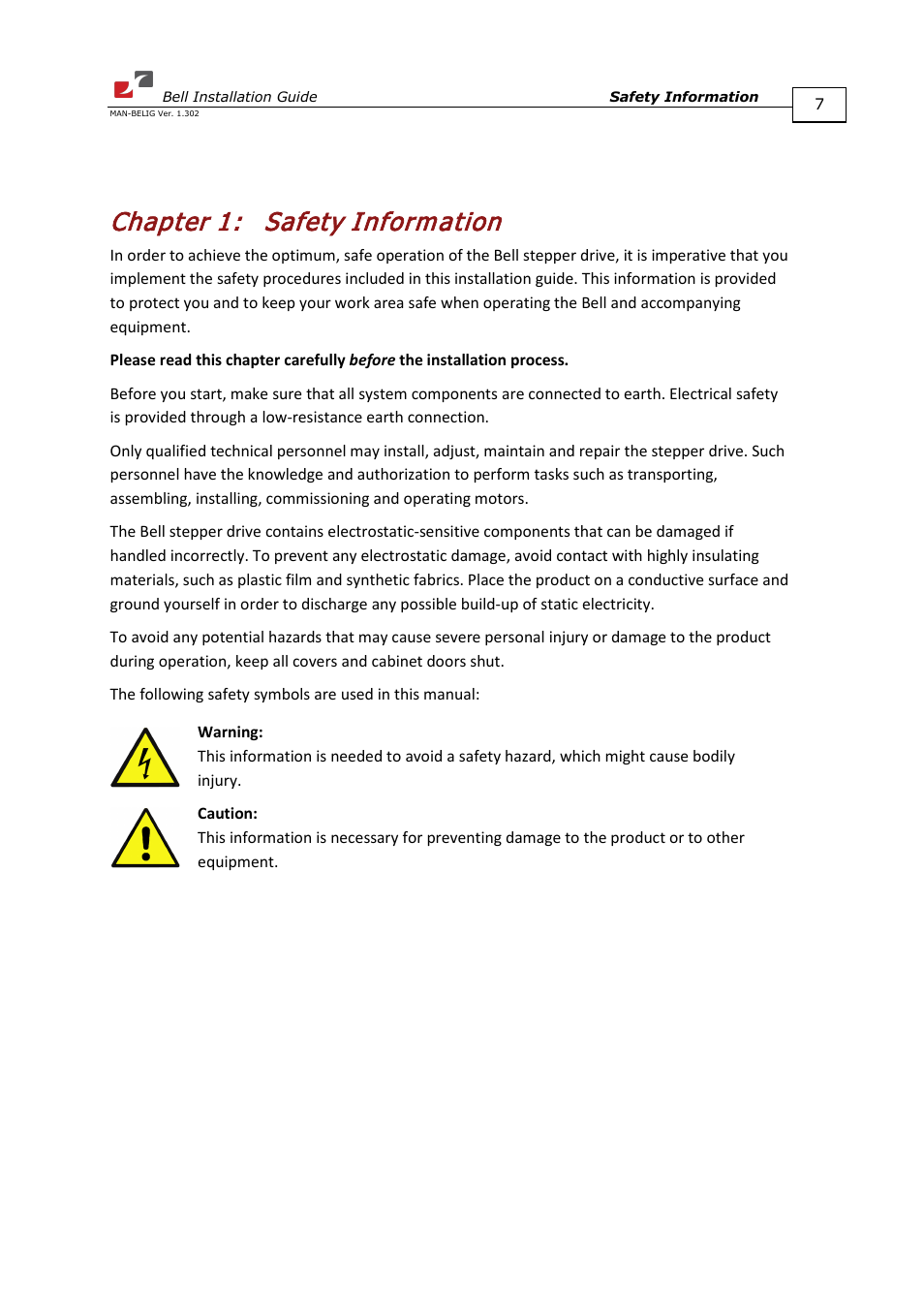 Chapter 1: safety information, Chapter 1, Safety information | ElmoMC SimplIQ Digital Servo Drives-Bell Installation Guide User Manual | Page 7 / 57