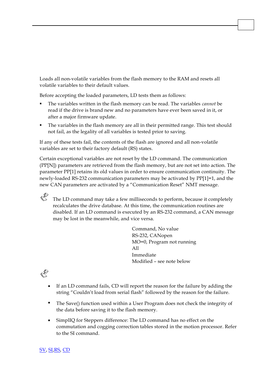 Ld - load parameters from flash | ElmoMC SimplIQ Digital Servo Drives-Bell Command Reference User Manual | Page 103 / 315