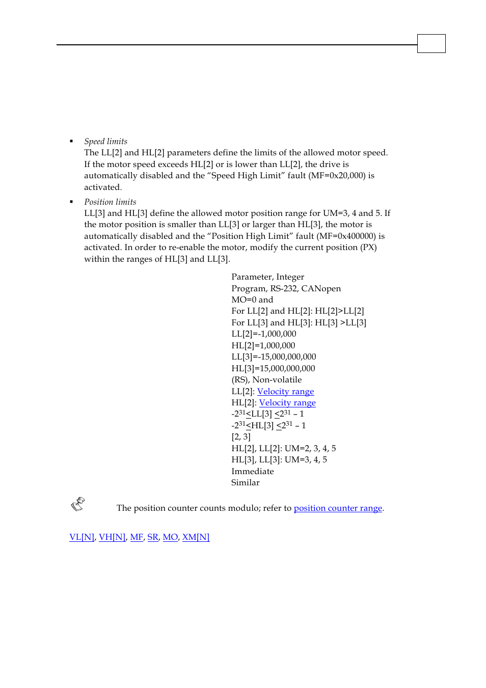 Ll[n] - low feedback limit | ElmoMC SimplIQ Digital Servo Drives-Bell Command Reference User Manual | Page 105 / 315