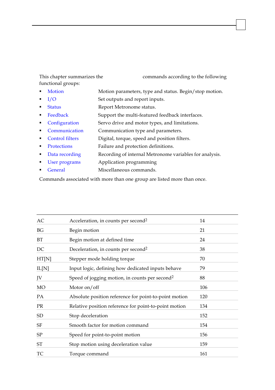 Functional listing, 1 motion commands, Chapter 2: functional listing | ElmoMC SimplIQ Digital Servo Drives-Bell Command Reference User Manual | Page 13 / 315