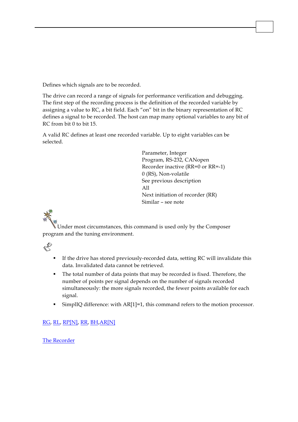 Rc - define recorded variables | ElmoMC SimplIQ Digital Servo Drives-Bell Command Reference User Manual | Page 150 / 315