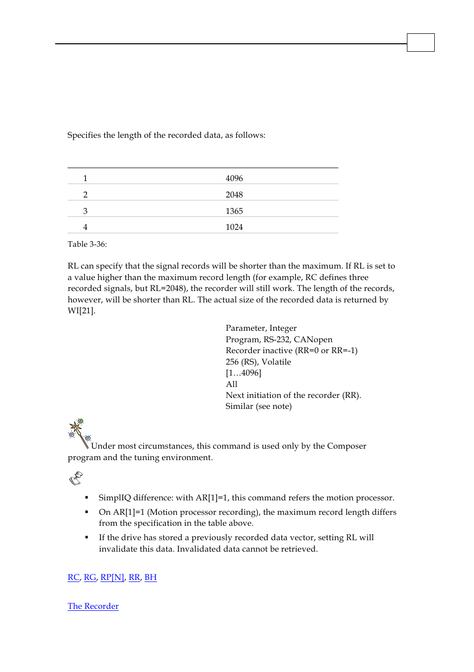 Rl - record length | ElmoMC SimplIQ Digital Servo Drives-Bell Command Reference User Manual | Page 152 / 315