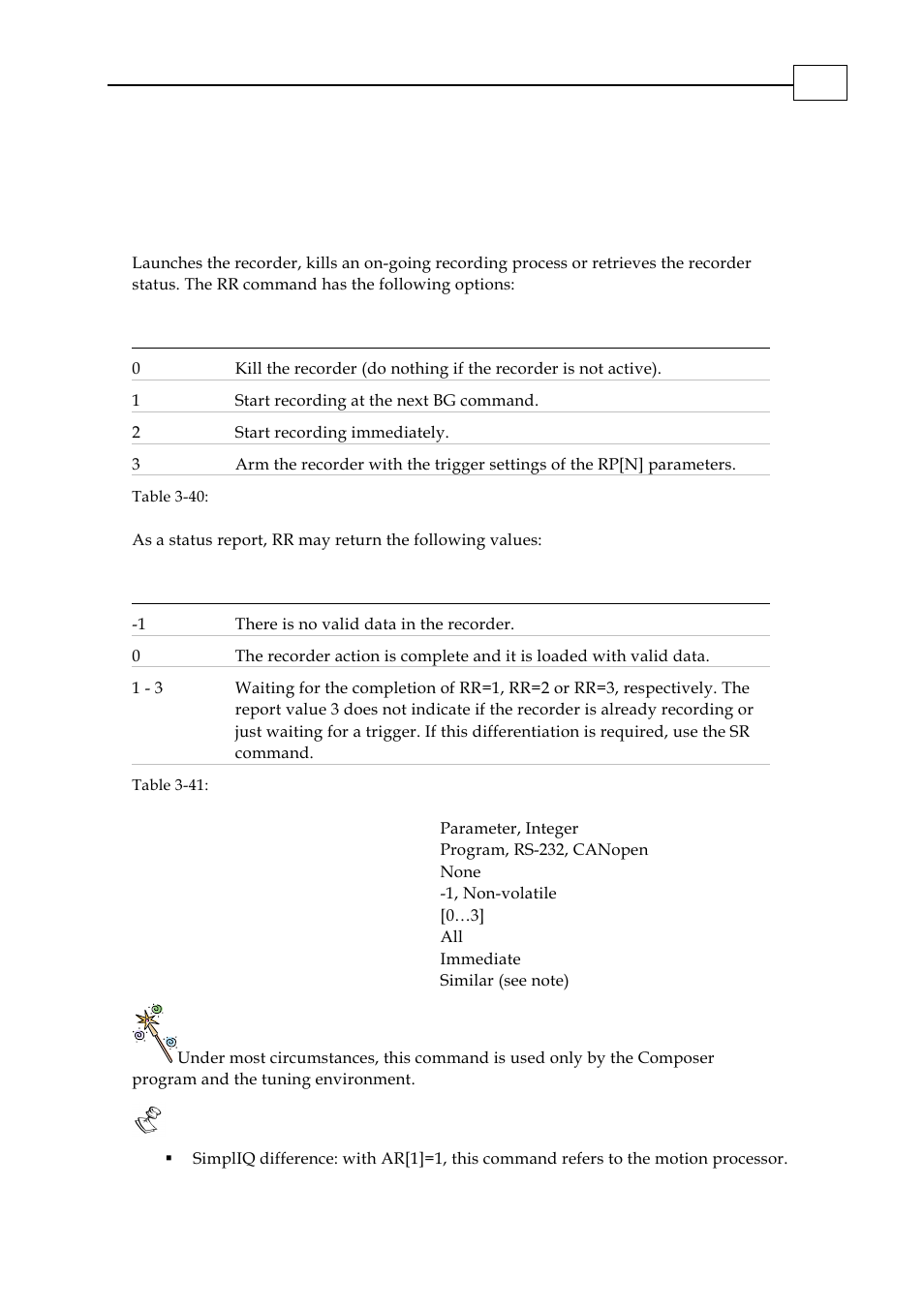 Rr - activate recorder/get recorder status | ElmoMC SimplIQ Digital Servo Drives-Bell Command Reference User Manual | Page 156 / 315