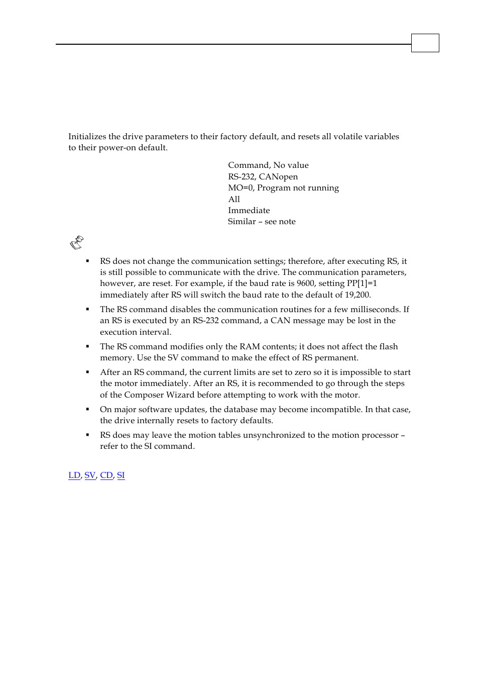 Rs - soft reset | ElmoMC SimplIQ Digital Servo Drives-Bell Command Reference User Manual | Page 158 / 315