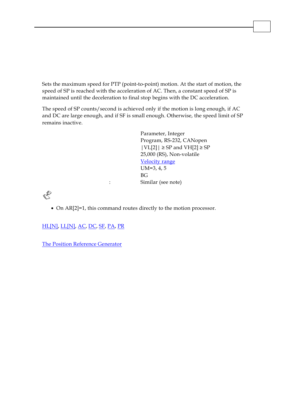 Sp - speed for ptp mode | ElmoMC SimplIQ Digital Servo Drives-Bell Command Reference User Manual | Page 164 / 315