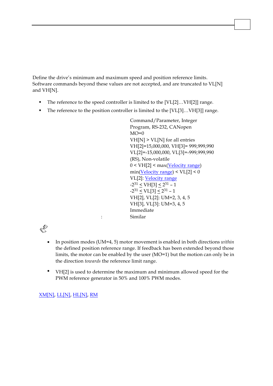 Vh[n], vl[n] - high and low reference limit | ElmoMC SimplIQ Digital Servo Drives-Bell Command Reference User Manual | Page 182 / 315