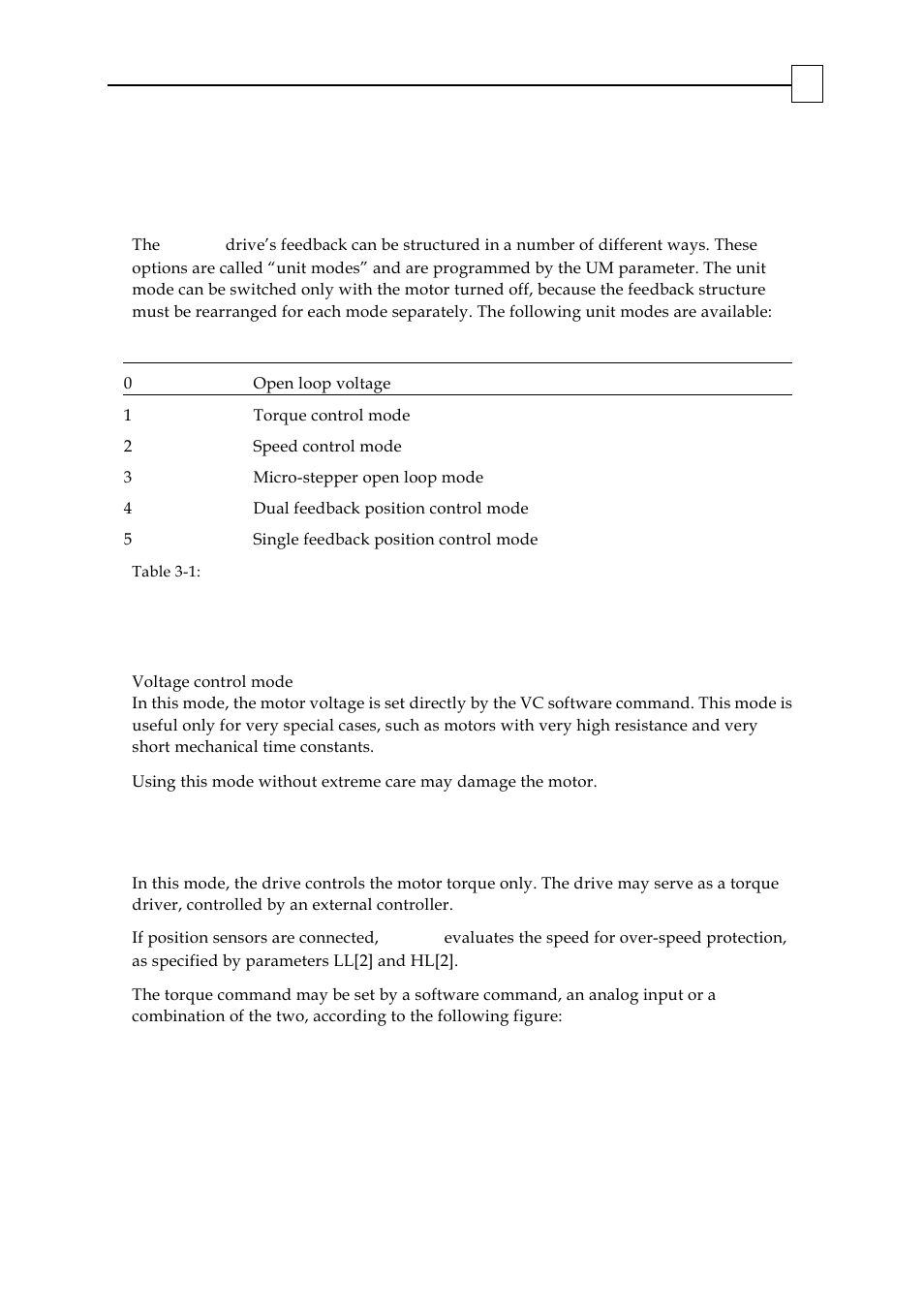 Unit modes, Unit mode 0: open loop voltage control, Unit mode 1: torque control | Chapter 3: unit modes, Chapter 3:unit modes | ElmoMC SimplIQ Digital Servo Drives-Bell Command Reference User Manual | Page 208 / 315