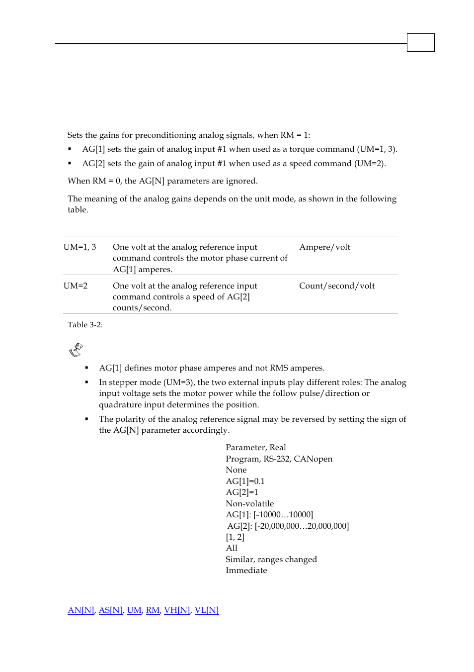 Ag[n] - analog gains array | ElmoMC SimplIQ Digital Servo Drives-Bell Command Reference User Manual | Page 24 / 315