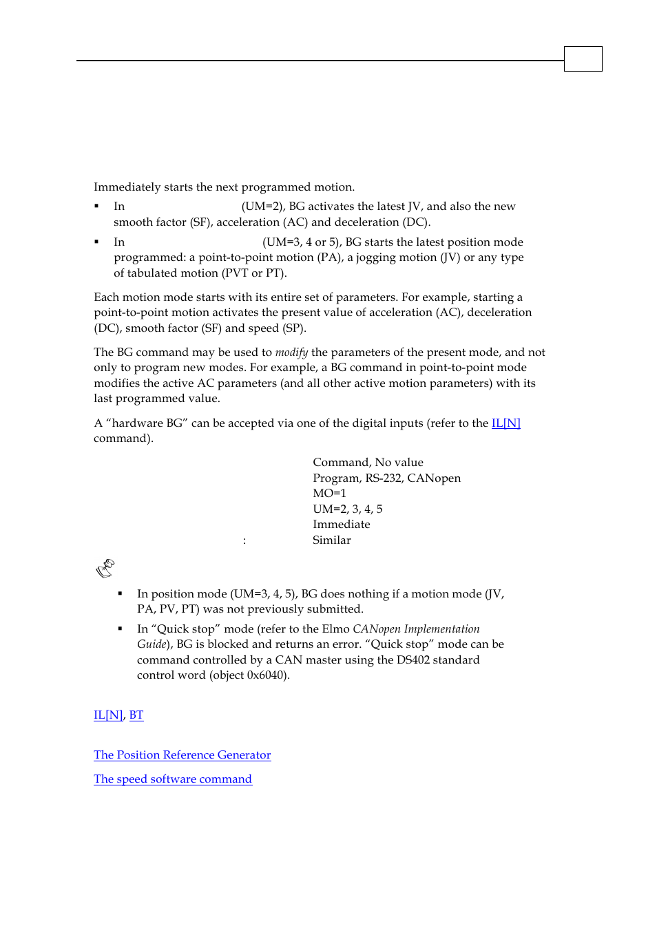 Bg - begin motion | ElmoMC SimplIQ Digital Servo Drives-Bell Command Reference User Manual | Page 29 / 315