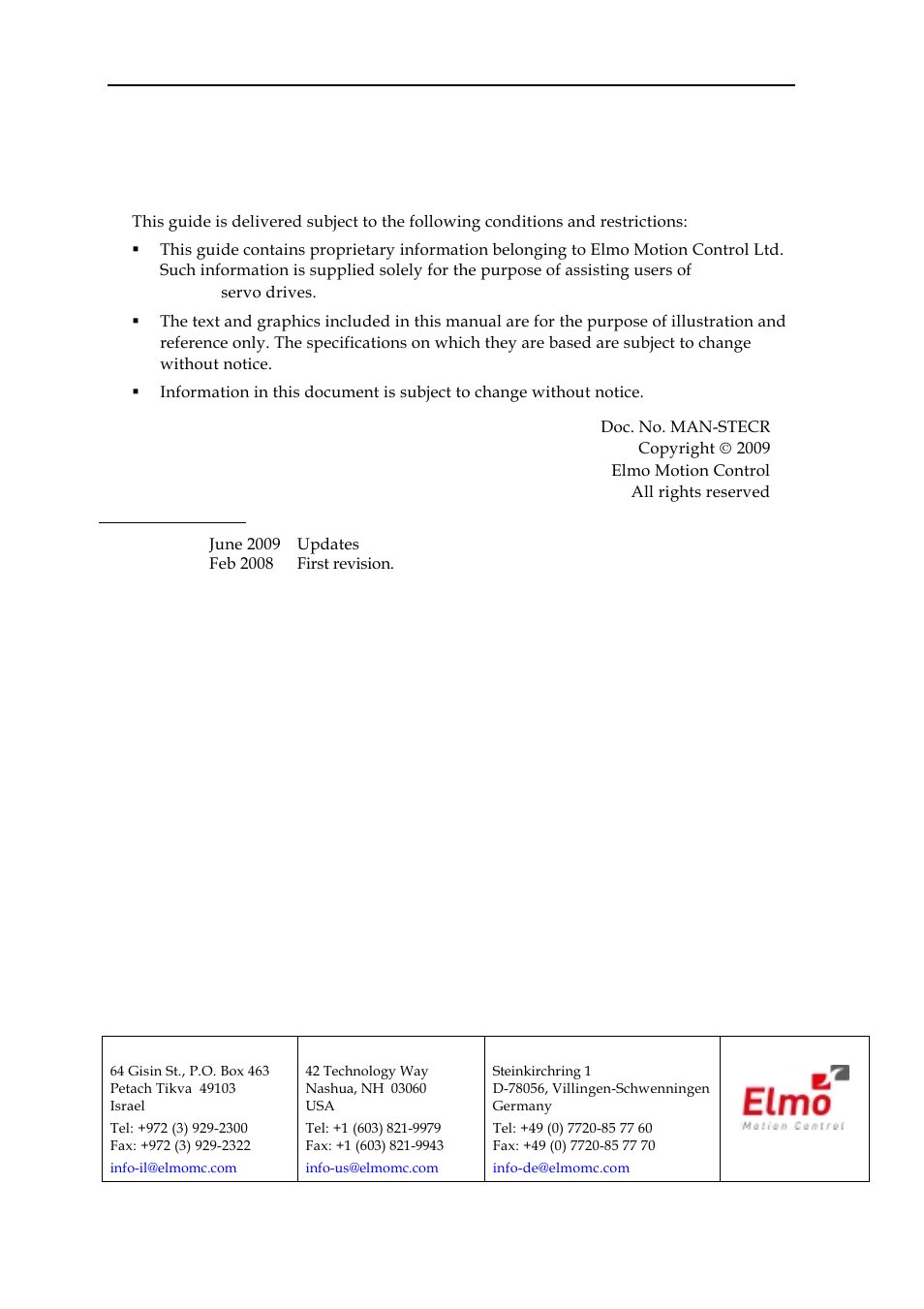 Revision history, Important notice | ElmoMC SimplIQ Digital Servo Drives-Bell Command Reference User Manual | Page 3 / 315