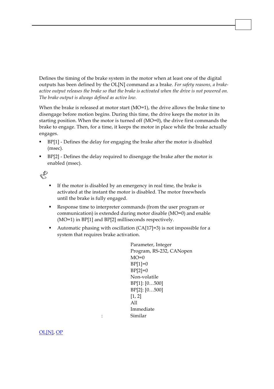 Bp[n] - brake parameter | ElmoMC SimplIQ Digital Servo Drives-Bell Command Reference User Manual | Page 31 / 315