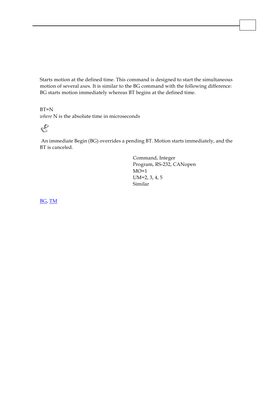 Bt - begin motion at defined time | ElmoMC SimplIQ Digital Servo Drives-Bell Command Reference User Manual | Page 32 / 315