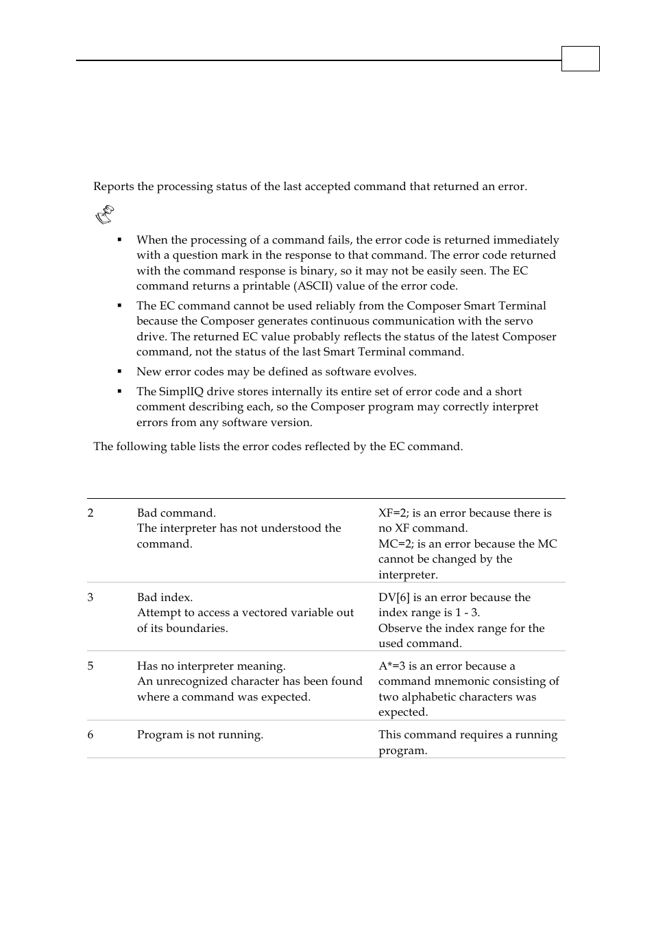 Ec - error code | ElmoMC SimplIQ Digital Servo Drives-Bell Command Reference User Manual | Page 52 / 315