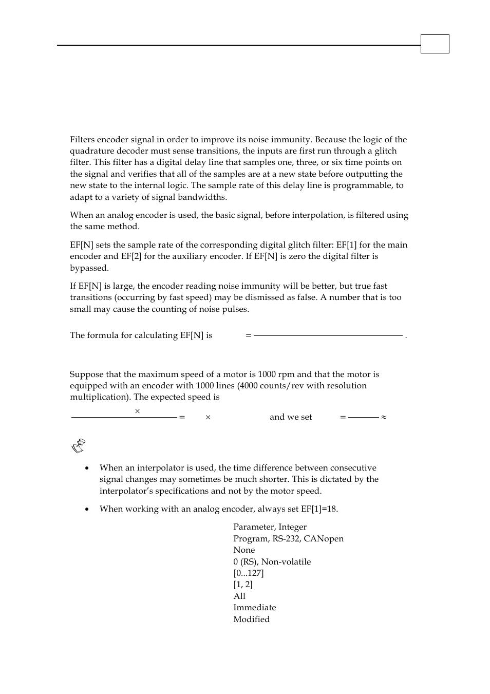 Ef[n] - encoder filter frequency | ElmoMC SimplIQ Digital Servo Drives-Bell Command Reference User Manual | Page 65 / 315