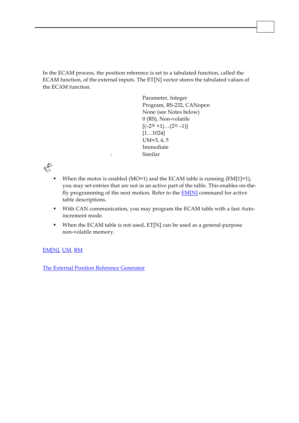 Et[n] - entries for ecam table | ElmoMC SimplIQ Digital Servo Drives-Bell Command Reference User Manual | Page 70 / 315