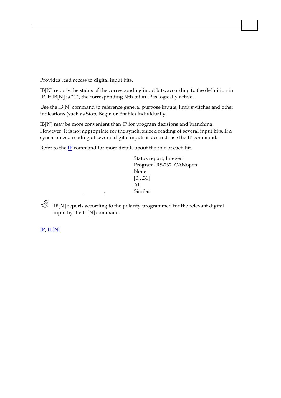 Ib[n] - input bits array | ElmoMC SimplIQ Digital Servo Drives-Bell Command Reference User Manual | Page 84 / 315