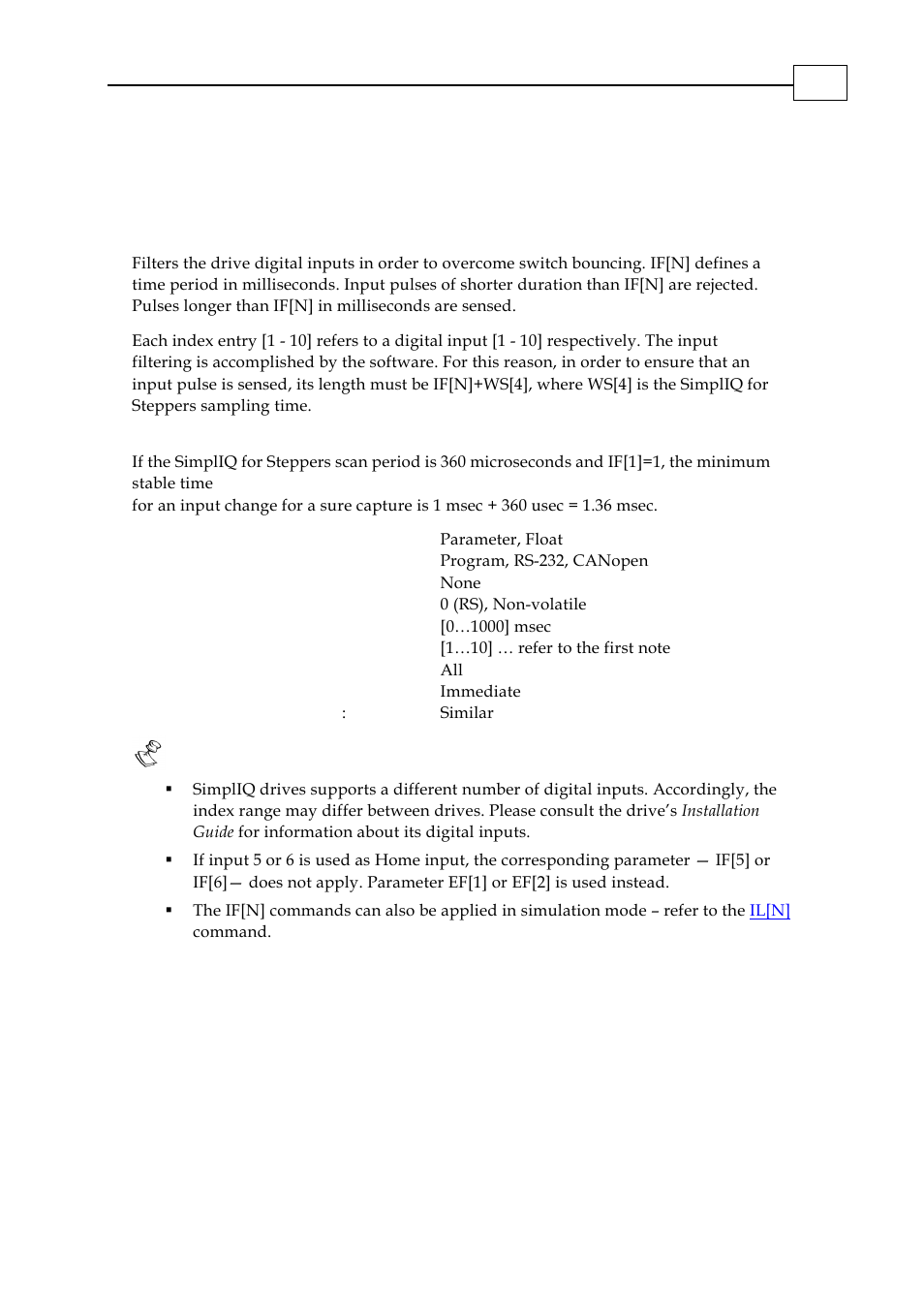 If[n] - digital input filter | ElmoMC SimplIQ Digital Servo Drives-Bell Command Reference User Manual | Page 86 / 315