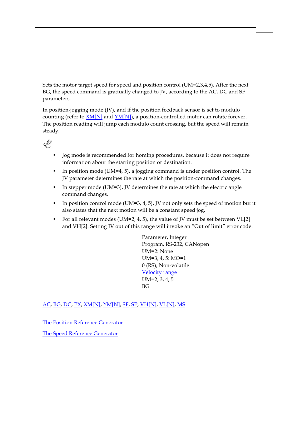 Jv- jogging velocity | ElmoMC SimplIQ Digital Servo Drives-Bell Command Reference User Manual | Page 96 / 315