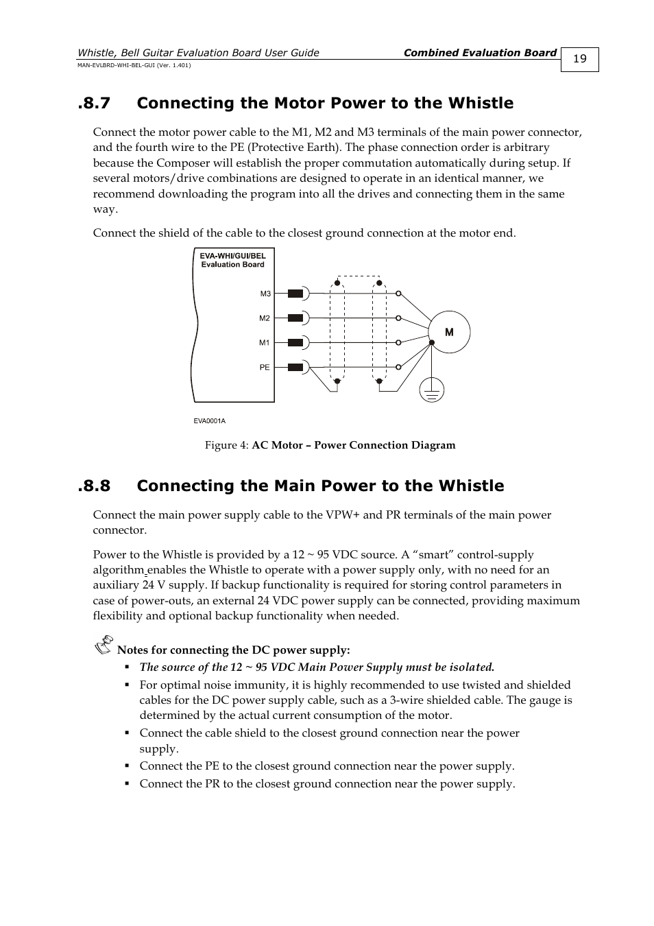 7 connecting the motor power to the whistle, 8 connecting the main power to the whistle, Connecting the motor power to the whistle | Connecting the main power to the whistle | ElmoMC SimplIQ Digital Servo Drives-Guitar Evaluation Board User Guide User Manual | Page 19 / 93