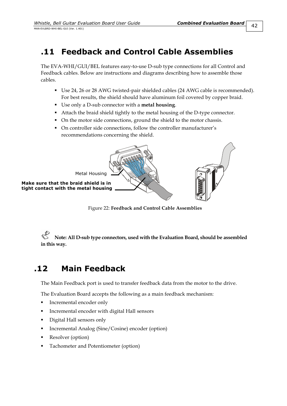 11 feedback and control cable assemblies, 12 main feedback, Feedback and control cable assemblies | Main feedback | ElmoMC SimplIQ Digital Servo Drives-Guitar Evaluation Board User Guide User Manual | Page 42 / 93
