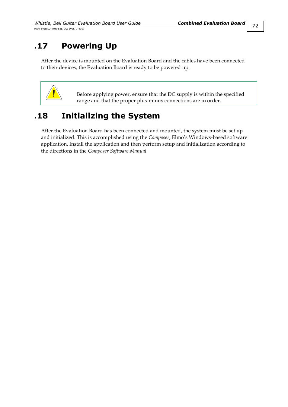 17 powering up, 18 initializing the system, Powering up | Initializing the system | ElmoMC SimplIQ Digital Servo Drives-Guitar Evaluation Board User Guide User Manual | Page 72 / 93