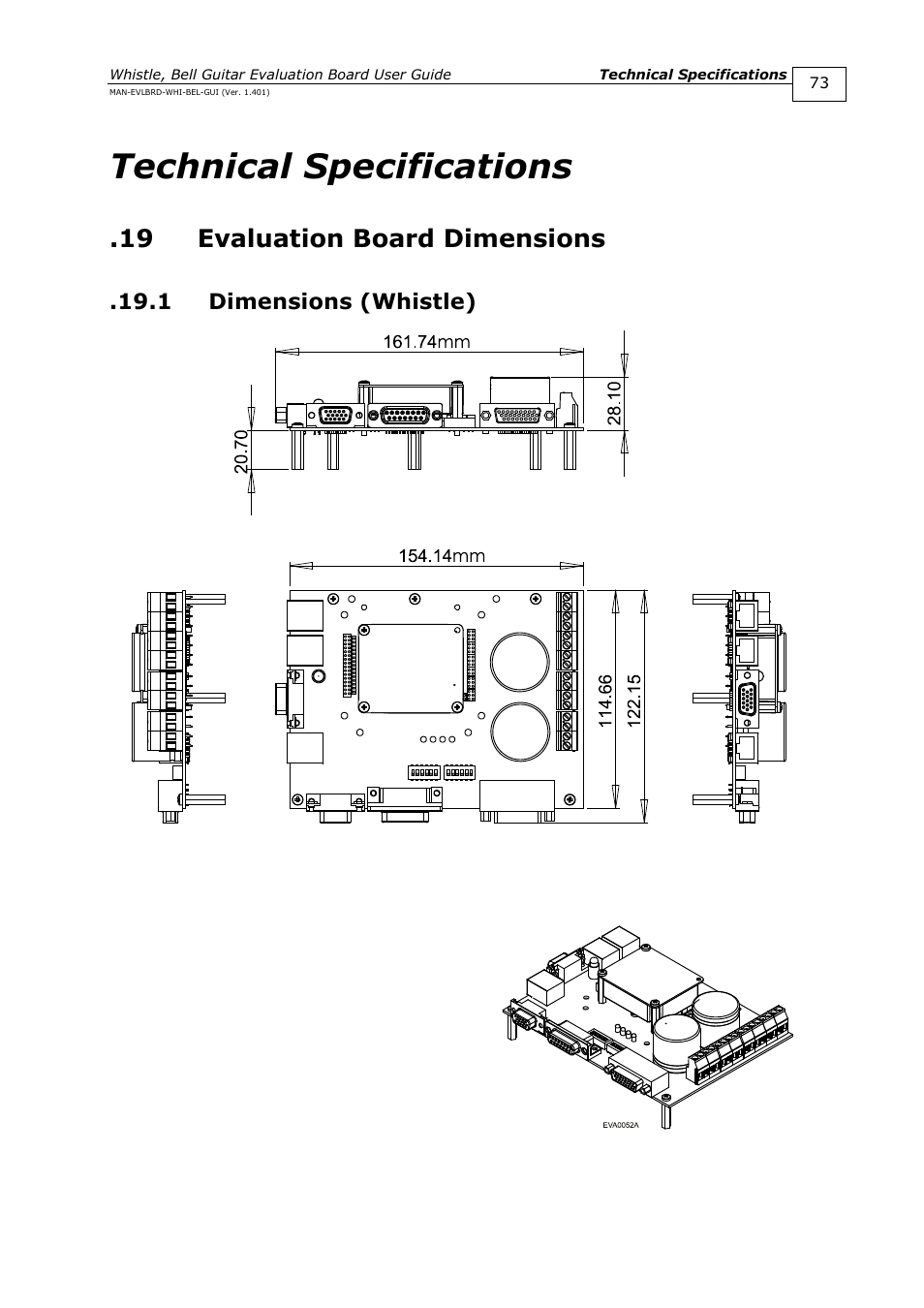 Technical specifications, 19 evaluation board dimensions, 1 dimensions (whistle) | Evaluation board dimensions, Dimensions (whistle) | ElmoMC SimplIQ Digital Servo Drives-Guitar Evaluation Board User Guide User Manual | Page 73 / 93