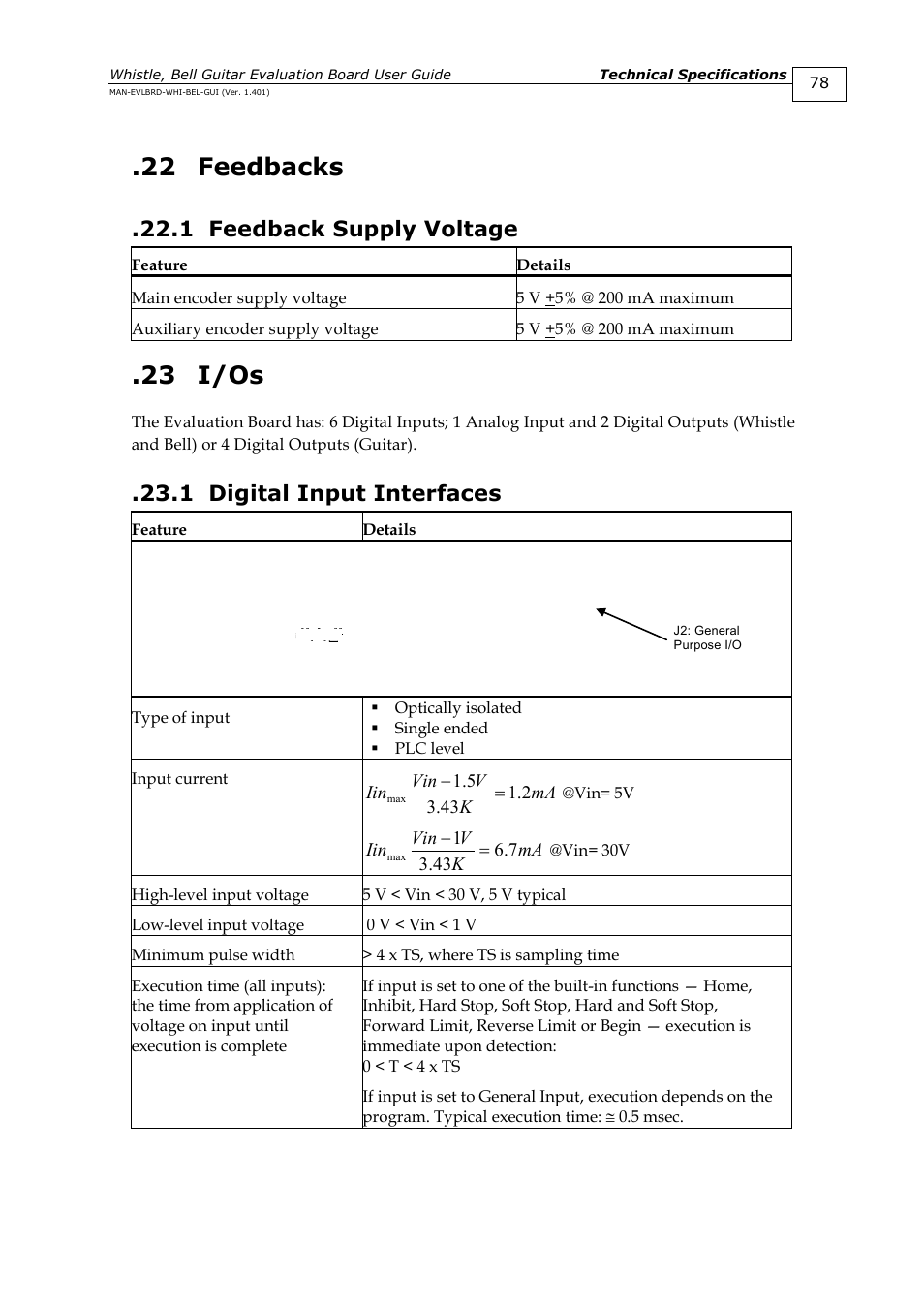 22 feedbacks, 1 feedback supply voltage, 23 i/os | 1 digital input interfaces, Feedbacks, Feedback supply voltage, I/os, Digital input interfaces | ElmoMC SimplIQ Digital Servo Drives-Guitar Evaluation Board User Guide User Manual | Page 78 / 93