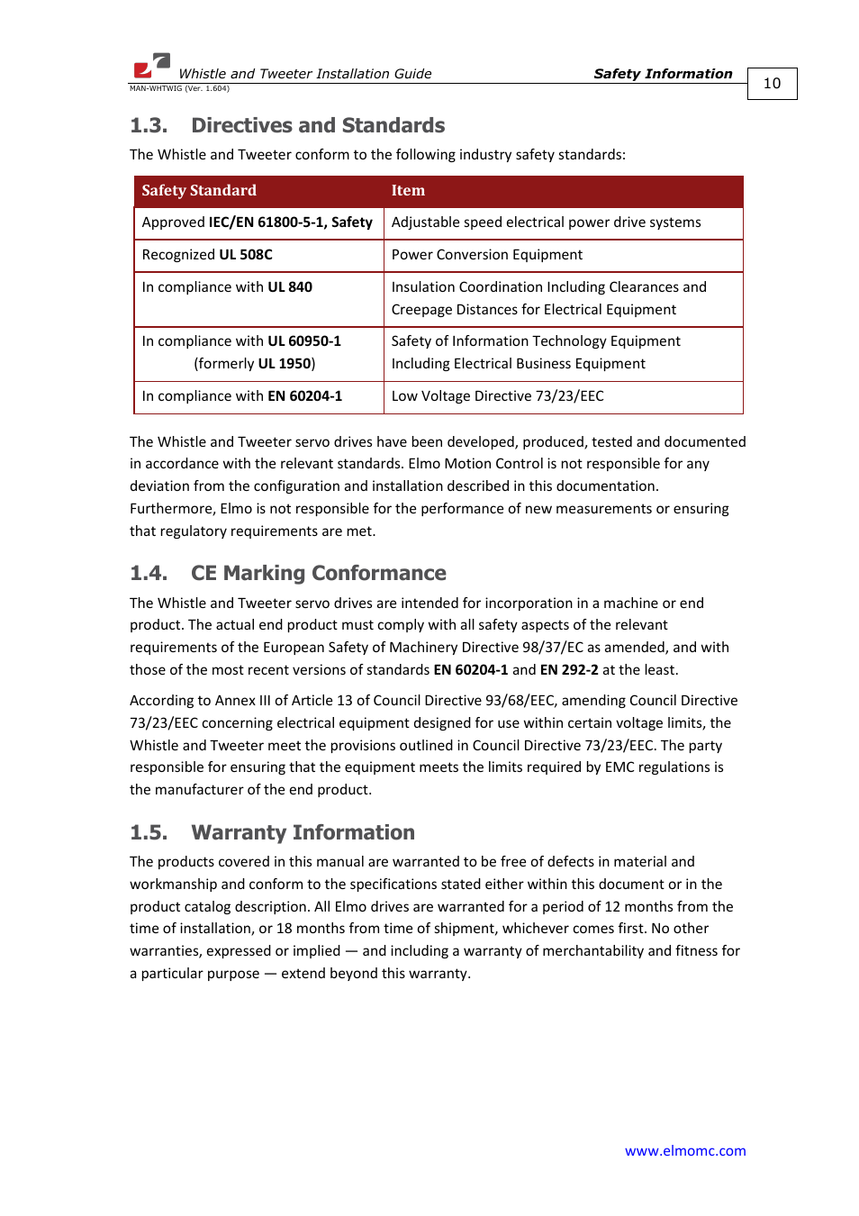 Directives and standards, Ce marking conformance, Warranty information | ElmoMC SimplIQ Digital Servo Drives-Whistle Installation Guide User Manual | Page 10 / 71