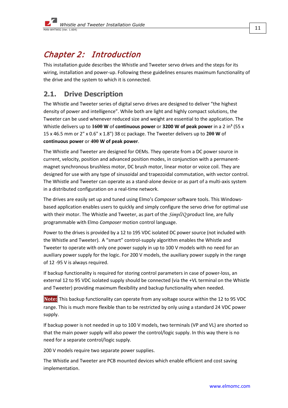 Chapter 2: introduction, Drive description, Chapter 2 | Introduction | ElmoMC SimplIQ Digital Servo Drives-Whistle Installation Guide User Manual | Page 11 / 71