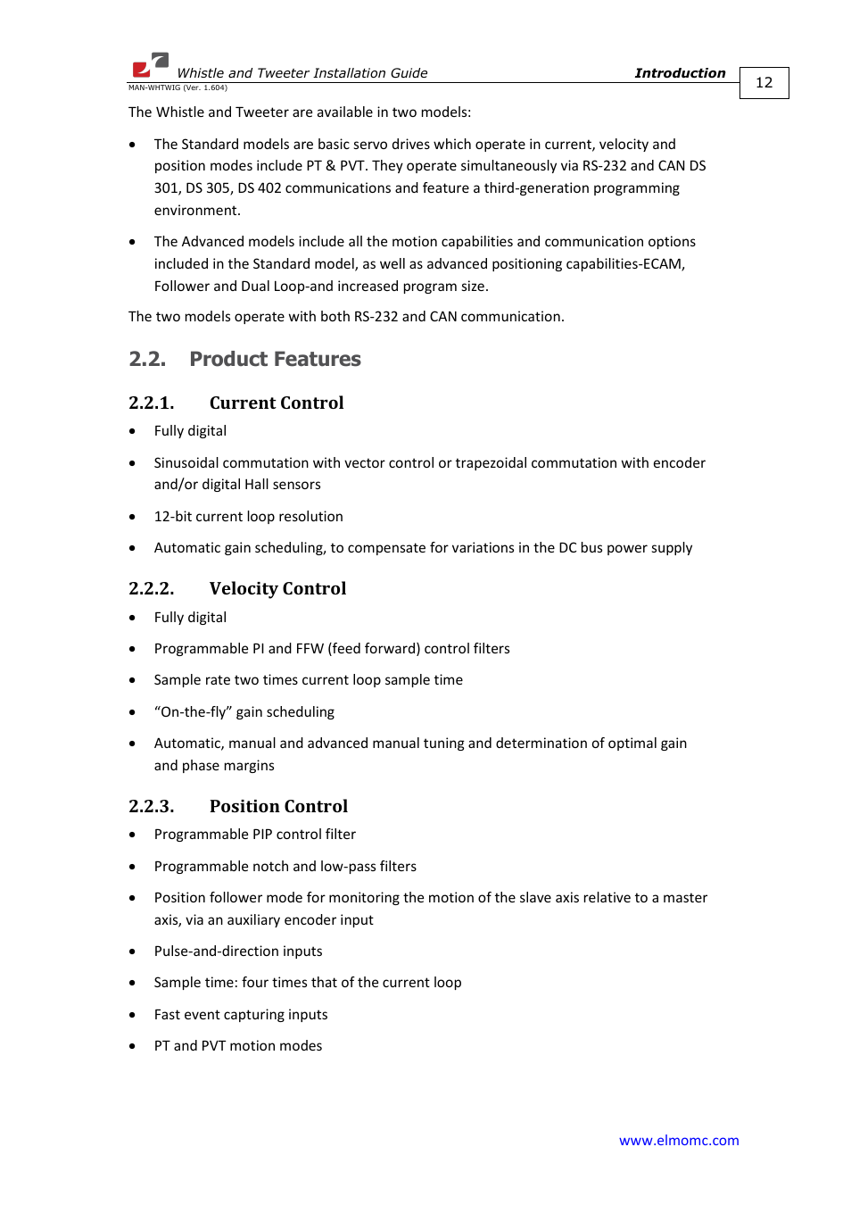 Product features, Current control, Velocity control | Position control | ElmoMC SimplIQ Digital Servo Drives-Whistle Installation Guide User Manual | Page 12 / 71